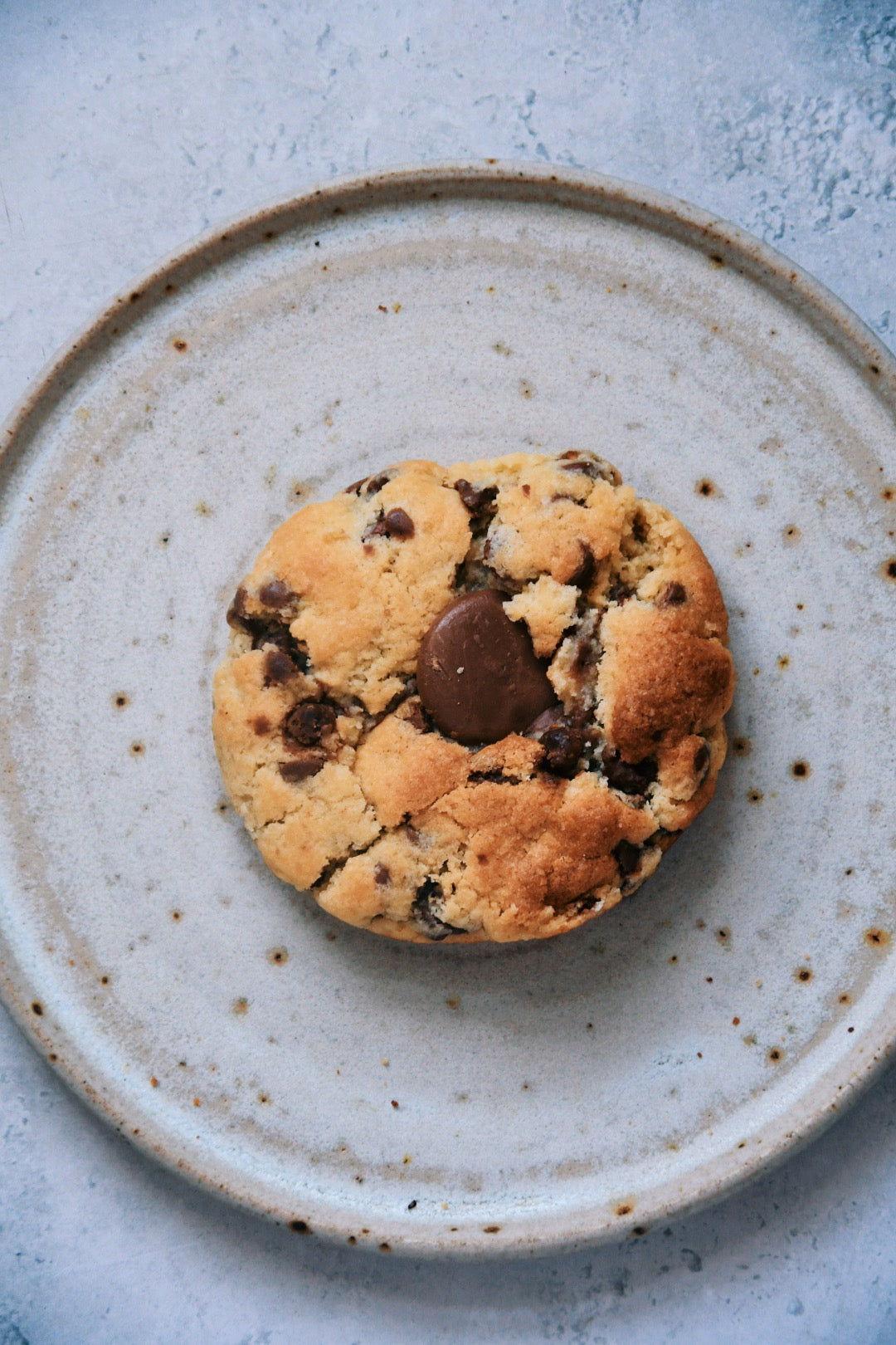 Chocolate chip cookie on a speckled ceramic plate